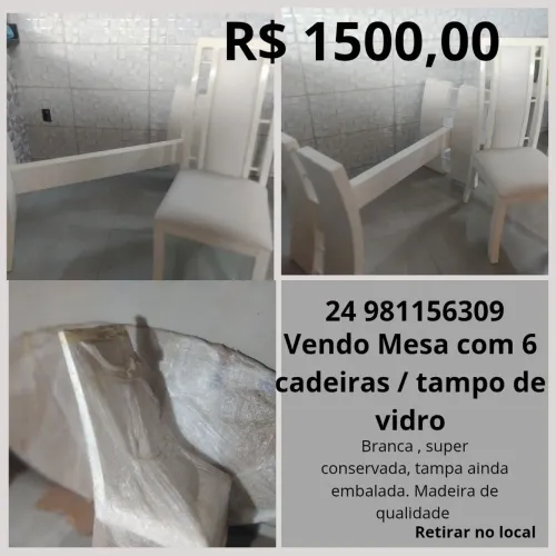 Mesa de jantar com 6 cadeiras e tampo de vidro