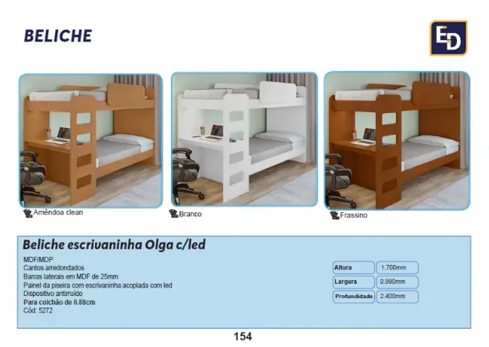 Beliche c/ escrivaninha Olga com LED