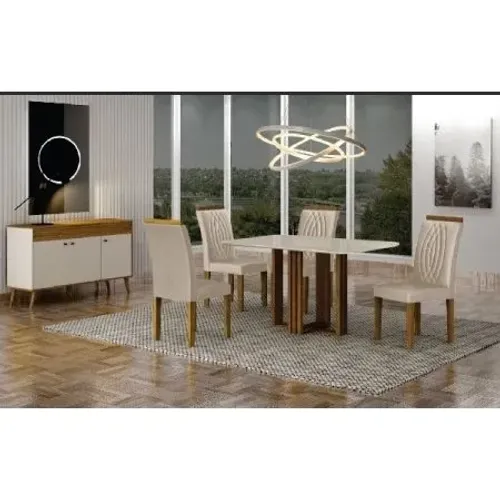 Mesa Jade 120x80 Vidro Off White C/ 4 Cad Freijo/joli Palha