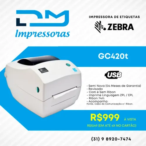 Impressora Térmica de Etiqueta Zebra Gc420t - Equipamento com Garantia
