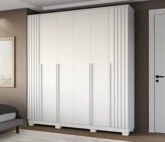 Roupeiro Casal Grande 100% MDF Com Detalhe Ripado 6 Portas Com 4 Gavetas - Montagem Grátis
