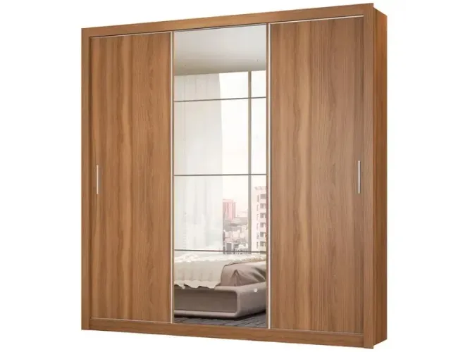 Guarda-roupa Casal com Espelho 3 Portas de Correr 2 Gavetas