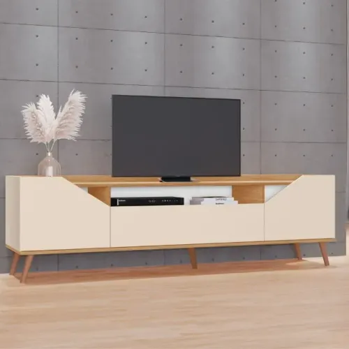Rack Danielle 100% MDF Tuboarte 3 Porta e Pés Estilo Retrô - off white 