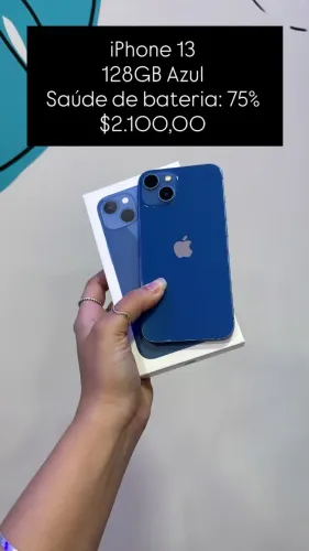 iPhone 13 / 128GB / Azul / Saúde de bateria 75% /R$ 2.100,00