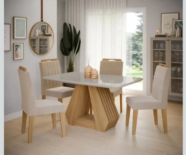 Mesa 4 cadeiras com tampo de vidro/Ágata 