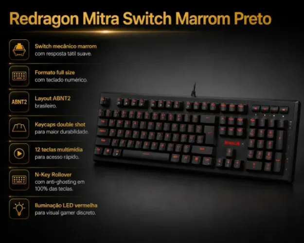 Teclado Mecânico Redragon Mitra Switch Marrom - Preto