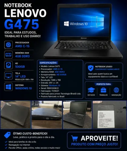 Notebook Lenovo G475 14" - 4GB RAM - HD 500GB - Windows 10