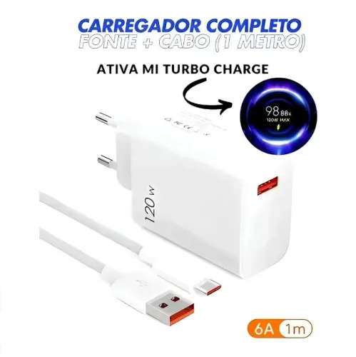 Carregador Para Xiaomi 120w Ativa Mi Turbo Com Cabo Usb-c