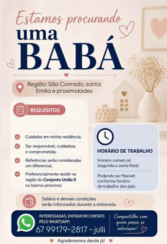 PROCURA-SE BABA TIJUCA, SÃO JORGE DA LAGOA E REGIÃO