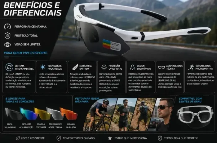 Óculos Air de Corrida Esportivo com 4 Lentes Extras UV400 Preto