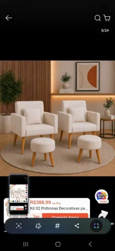 Kit 02 Poltronas Decorativas para Sala Nina com Almofadas e 02 Puff Redondo
