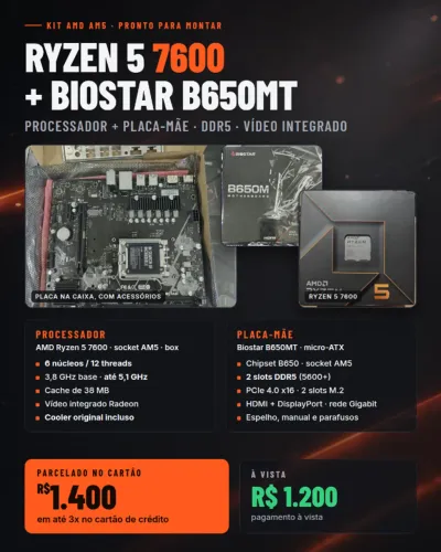 Kit Ryzen 5 7600 + Placa Biostar B650MT (AM5, DDR5)