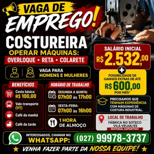 VAGA PARA COSTUREIRA(O) EXPERIÊNCIA