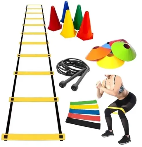 Kit Treino Funcional 5 Mini Bands + Escada + Corda + 5 Chapéus Chinê + 5 Cones z1541