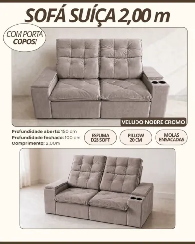 Sofá suíça 2.00m com molas ensacadas
