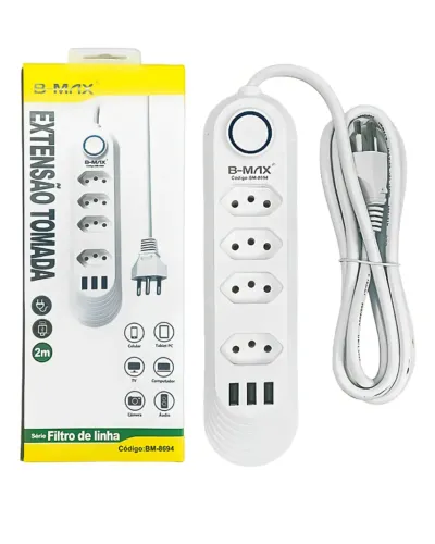 Extensão de Tomada B-MAX 4 Tomadas + 3 USB 2 Metros
