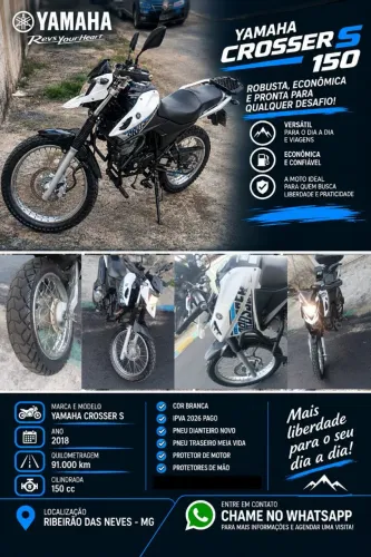 Yamaha Crosser S 150 2018 Branca | 91.000 km | IPVA 2026 Pago | R$ 12.500