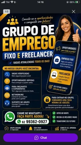 Grupo no WhatsApp de vaga de freelancer, diárias, empregos fixos e temporários