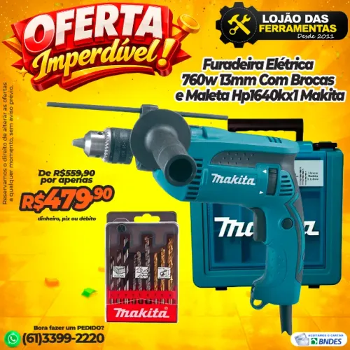 Furadeira Elétrica 760w 13mm Com Brocas e Maleta Hp1640kx1 Makita