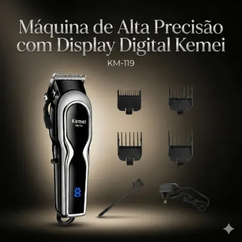 Máquina De Cortar Cabelo KM-119 Recarregável Profissional com Visor LCD e Lâminas Afiadas