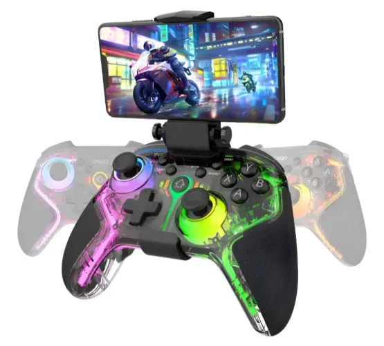 Controle Gamer Turbo Sem Fio Led 8 Cores Rgb Multifuncional Transparente