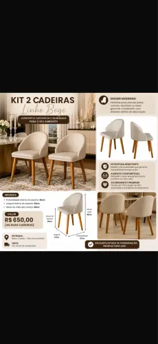 Kit 2 Cadeiras Estofadas Linho Bege com Braço - R$ 650