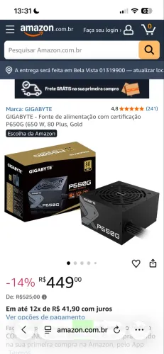 Fonte Gigabyte 650W com certificação ouro