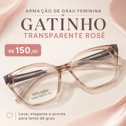 Armação de Grau Feminina Gatinho Transparente Rosê