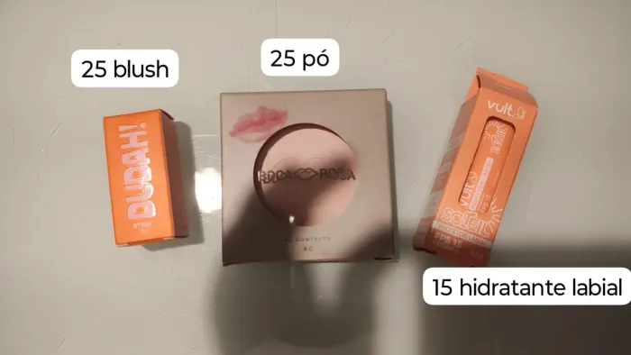 Pó Boca Rosa Jujuba + Blush Dudah Coral + Hidratante labial Vult