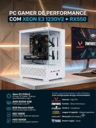 PC Gamer Completo Branco Aquário - Xeon + RX 550 (Roda Valorant, Fortnite, CS2) ?