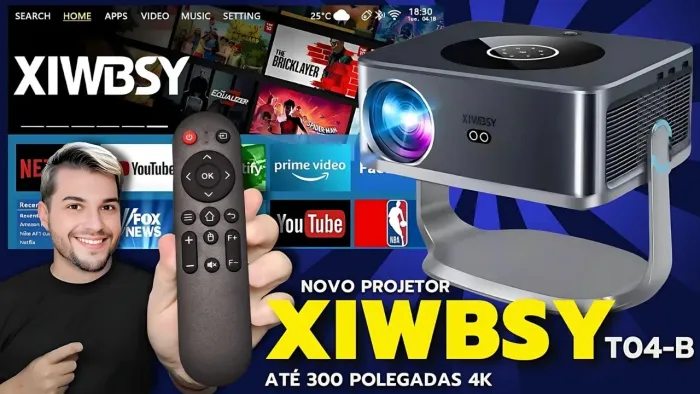 PROJETOR XIWBSY T4 4K ULTRA ATÉ 300 POLEGADAS DE TELA. COM ANDROID.