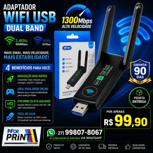Adaptador Wi-Fi USB Dual Band 1300Mbps Knup