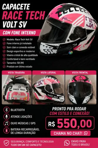 CAPACETE RACE TECH VOLT SV + INTERCOMUNICADOR BLUETOOTH<br> Tamanho: 58