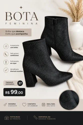 Bota feminina preta com brilho! Elegante, moderna e perfeita para diversas ocasiões!