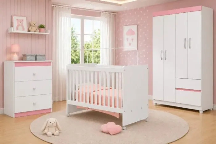 Conjunto de quarto para bebe com berço, cômoda e guarda roupa