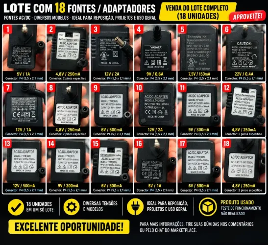 Lote 18 Fontes AC/DC 5V 6V 9V 12V 22V - Diversos Modelos