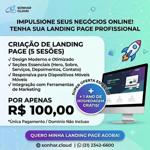 Landingpage até 5 sessões + Email profissional + 1 ano de hospedagem grátis