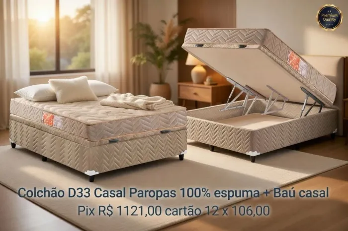 Baú casal + Colchão D33 100% espuma Paropas