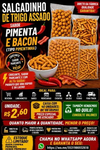 Salgadinhos 40x100 Gramas Bacon de trigo sabor bacon.
