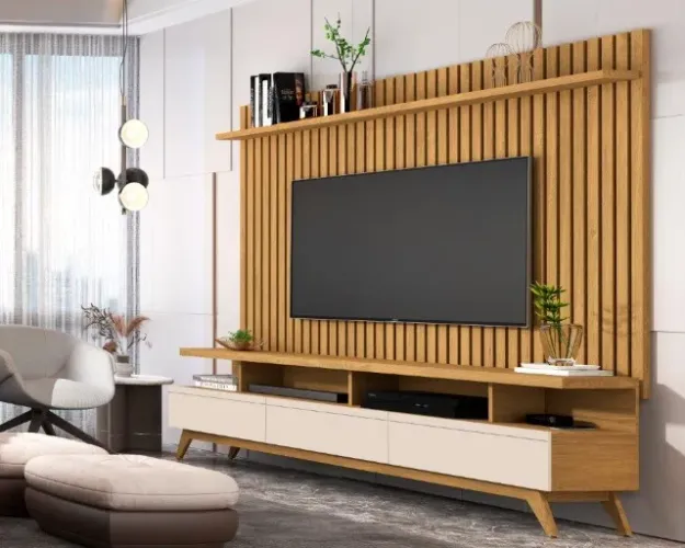 Rack + Painel Amazonas Acabamento Ripado Retrô 1,80m!Entrega + Montagem Grátis!