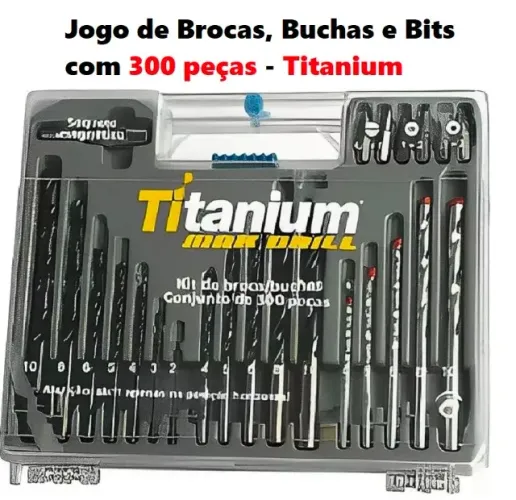 Jogo com Brocas, Bits e Buchas com 300 peças e maleta - Titanium