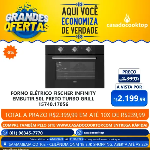 Forno eletrico fischer infinity embutir 50l preto turbo grill
