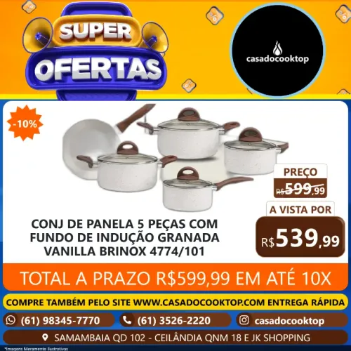 CONJ DE PANELA 5 PEÇAS COM FUNDO DE INDUÇÃO GRANADA VANILLA - BRINOX 4774/101