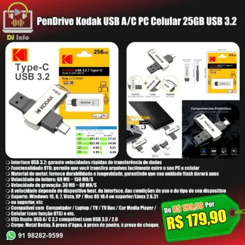 PenDrive Kodak USB A/C PC Celular 25GB USB 3.2