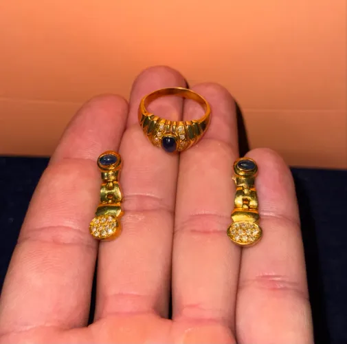 Anel e Brincos De Ouro 18k Com Safira Luxuoso!