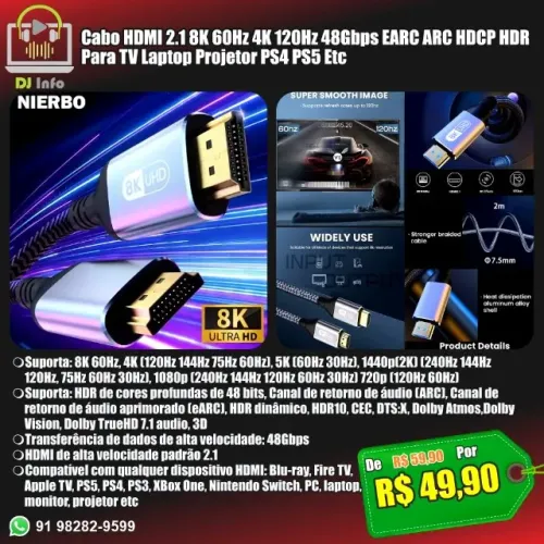 Cabo HDMI 2.1 8K 60Hz 4K 120Hz 48Gbps EARC ARC HDCP HDR Para TV Laptop Projetor PS4 PS5 2M