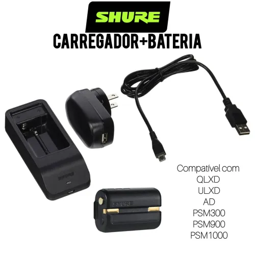 Carregador SBC10-100 + Bateria SB900A SHURE Para os Sistemas QLXD, ULX-D, AD, PSM300, 900