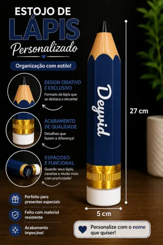 Estojo decorativo em formato de lápis personalizado com o nome da criança.