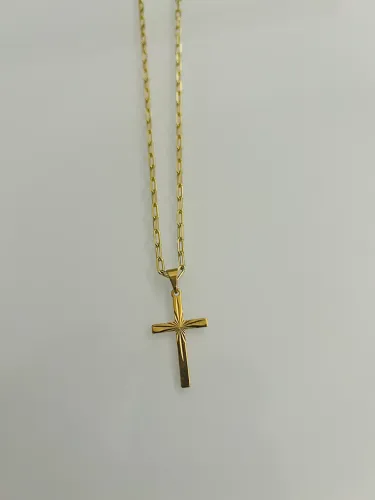 Corrente e crusifixo modelo Cartier 3mm com tranca canhão banhada a ouro 18k 