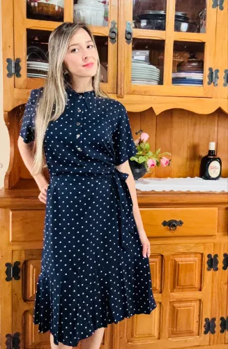 Vestido NOVO azul marinho Poá Viscolinho 
